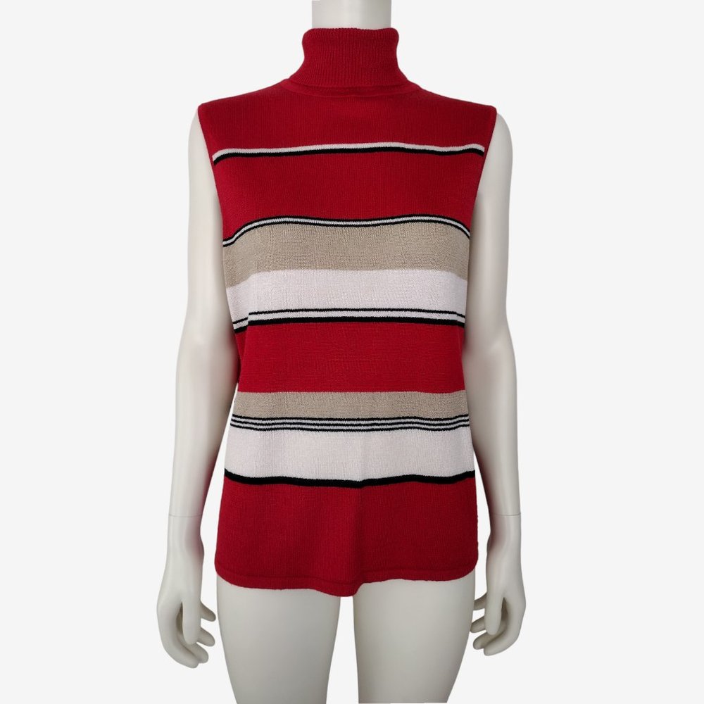 Vintage 1990s Red Striped Sleeveless Turtleneck Lightweight Knit Blouse